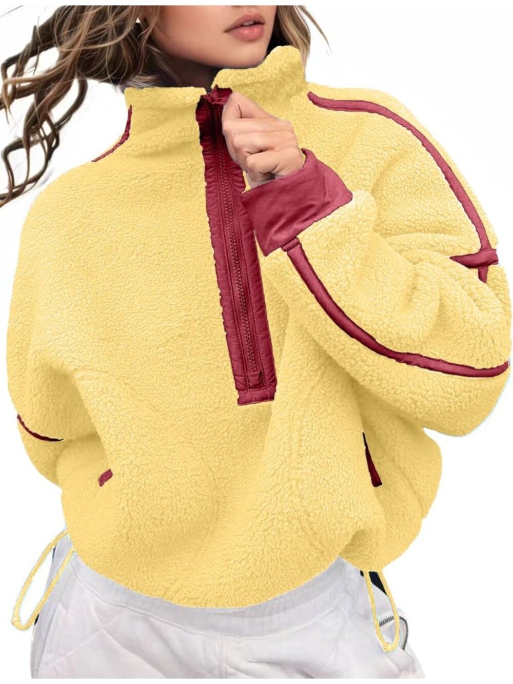 Women’s Yellow Fleece Half ZIP Cropped Pullover Pocket Oversized Sweatshirt